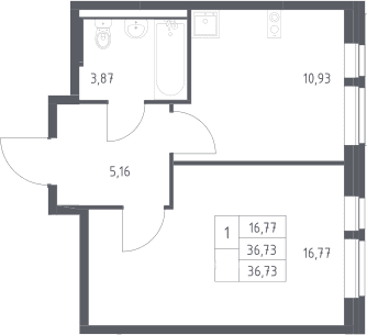 Планировка: 1-комнатная квартира 36,7 м² в ЖК «Квартал Авиаторов»