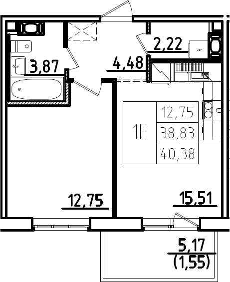 Планировка: Евродвушка 38,8 м² в ЖК «Ю Гатчина»