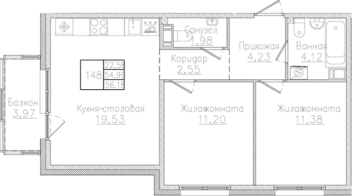 Планировка: Евротрёшка 55 м² в ЖК «Счастье 2.0»