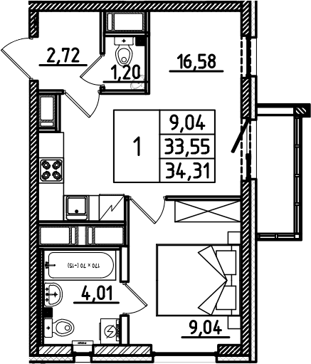 Планировка: Евродвушка 33,6 м² в ЖК «Южный Форт»
