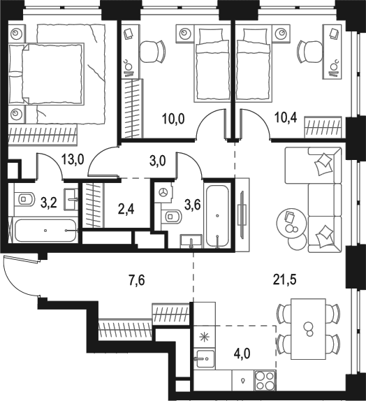 Планировка: Квартира евро-4 78,7 м² в ЖК «Левел Звенигородская»