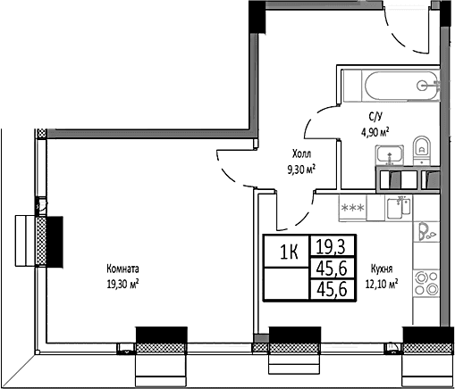 Планировка: 1-комнатная квартира 45,6 м² в ЖК «Мираполис»