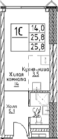 Планировка: Студия 25,8 м² в ЖК «Наметкин Тауэр»