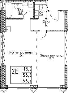 Планировка: Евродвушка 56,7 м² в ЖК «Наметкин Тауэр»
