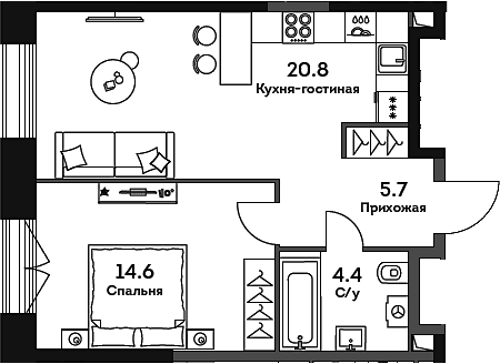 Планировка: Евродвушка 45,5 м² в ЖК «ЭРА»