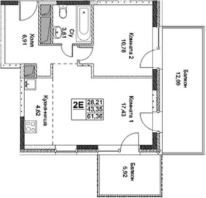Планировка: Евродвушка 43,4 м² в ЖК «ФизтехСити»