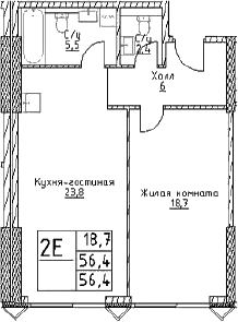 Планировка: Евродвушка 56,7 м² в ЖК «Наметкин Тауэр»