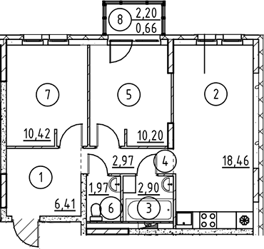 Планировка: Евротрёшка 53,3 м² в ЖК «Невская Долина»