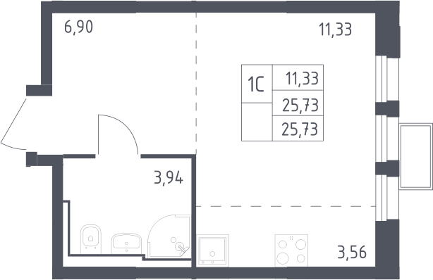 Планировка: Студия 25,7 м² в ЖК «Квартал Строгино»