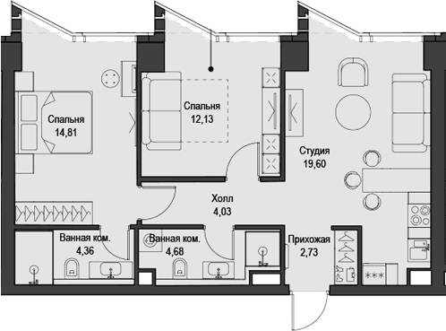 Планировка: Евротрёшка 62,3 м² в ЖК «Феймос»