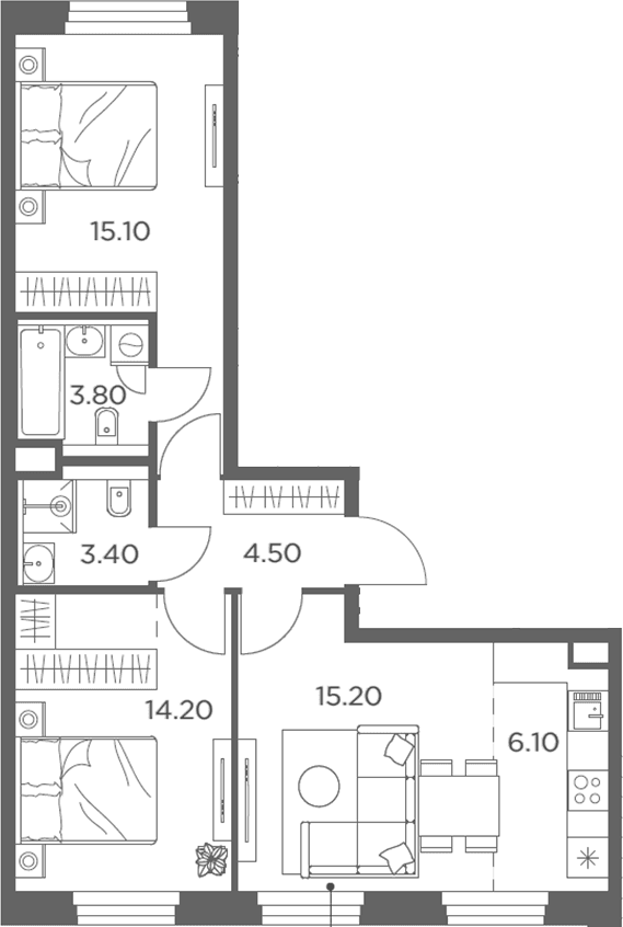 Планировка: Евротрёшка 62,3 м² в ЖК «Белый Град»