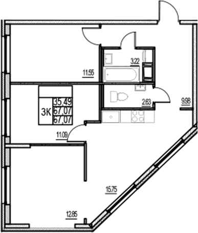Планировка: Квартира евро-4 67,1 м² в ЖК «ID Murino III»