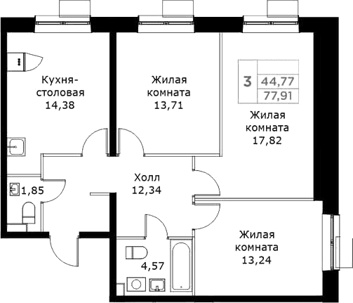 Планировка: 3-комнатная квартира 77,9 м² в ЖК «КИТ»