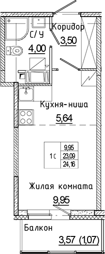 Планировка: Студия 23,1 м² в ЖК «Аквилон Янино»
