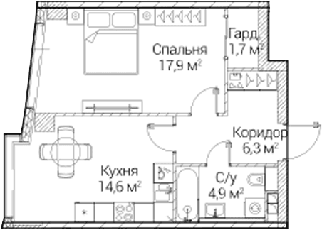 Планировка: 1-комнатная квартира 46,2 м² в ЖК «СЕЗАР БУДУЩЕЕ»