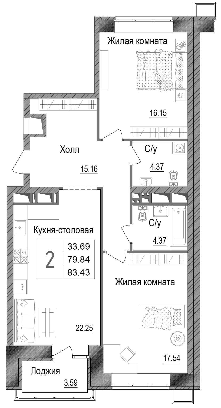 Планировка: 2-комнатная квартира 81,7 м² в ЖК «АРТ»
