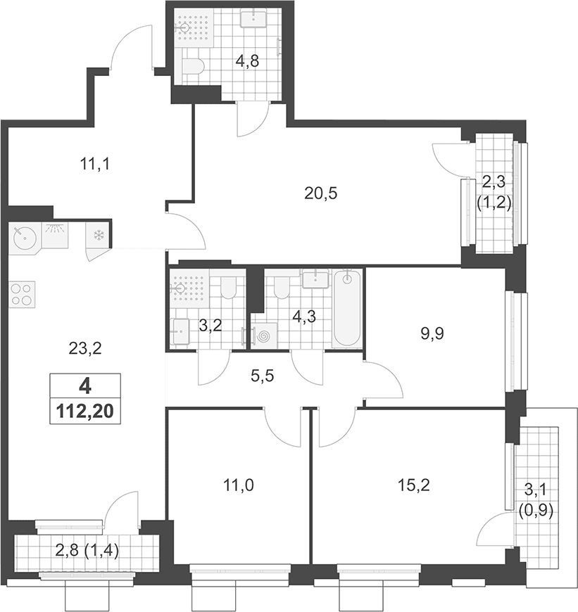 Планировка: Квартира евро-5 108,7 м² в ЖК «Южные сады»
