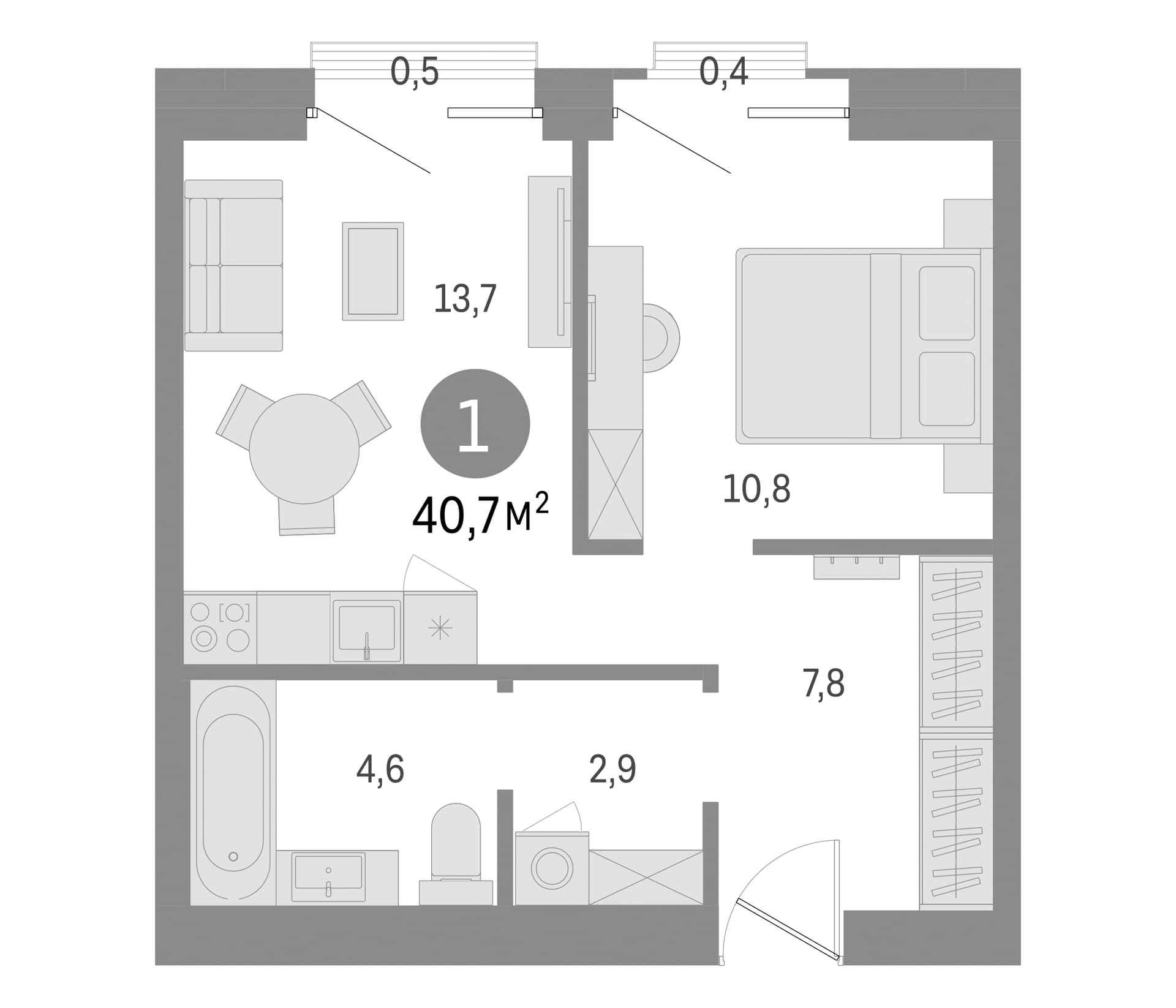Планировка: 1-комнатная квартира 39,8 м² в ЖК «Северный ветер»