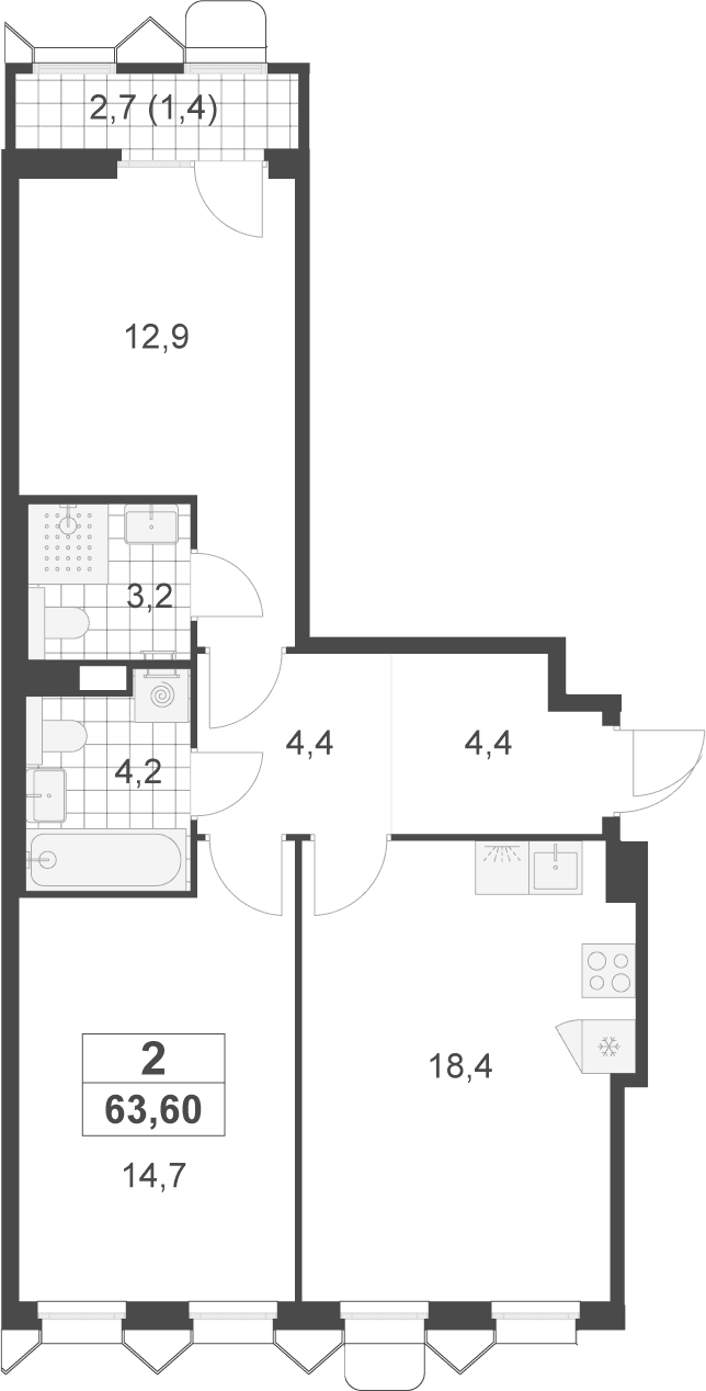 Планировка: Евротрёшка 62,2 м² в ЖК «Деснаречье»