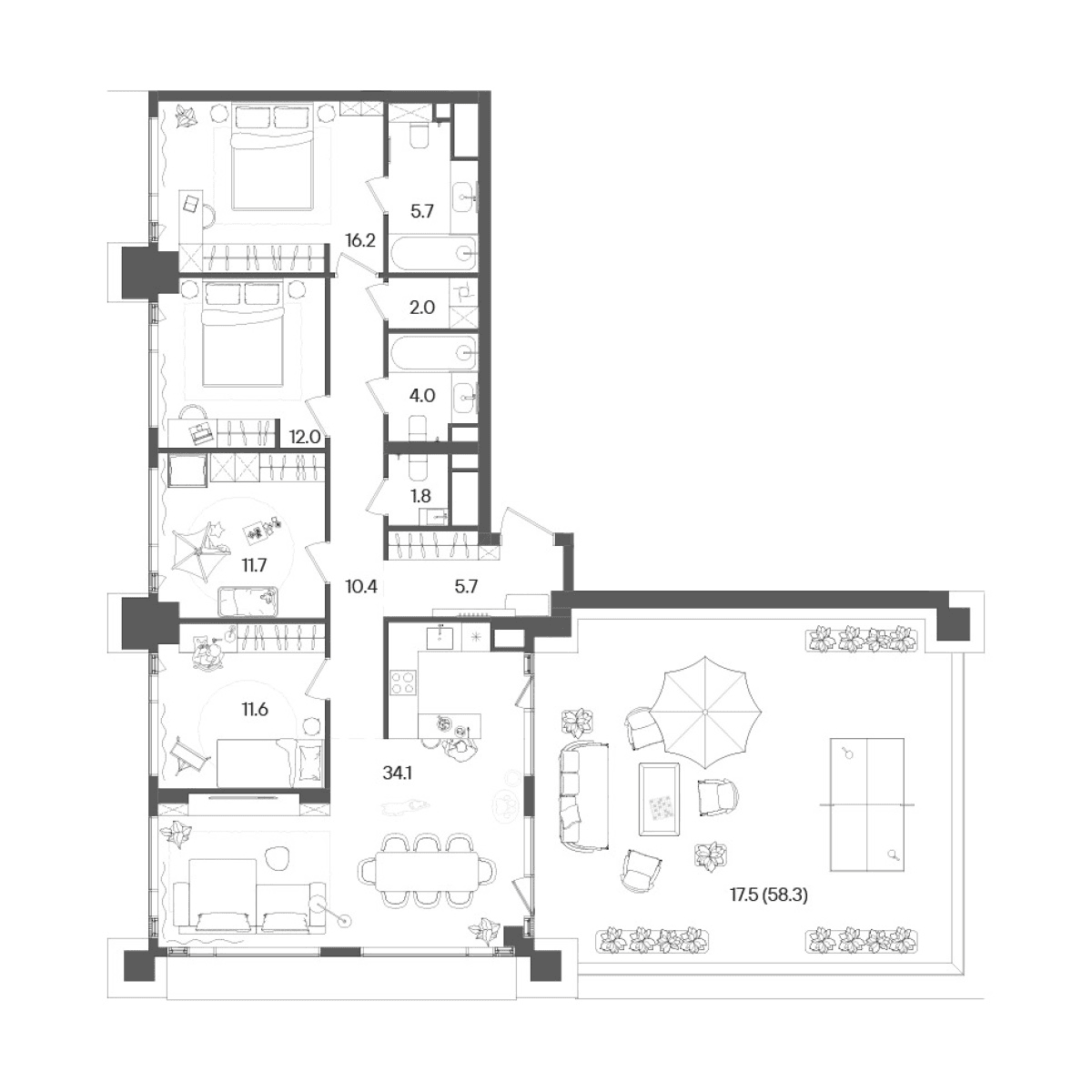 Планировка: Квартира евро-5 115,2 м² в ЖК «СТОУН Грэйн»