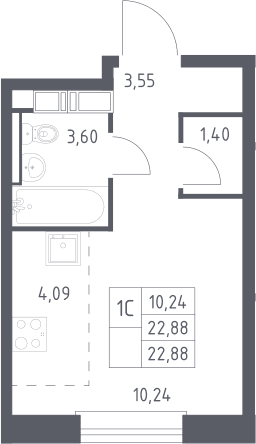 Планировка: Студия 22,9 м² в ЖК «ЭкоБунино»