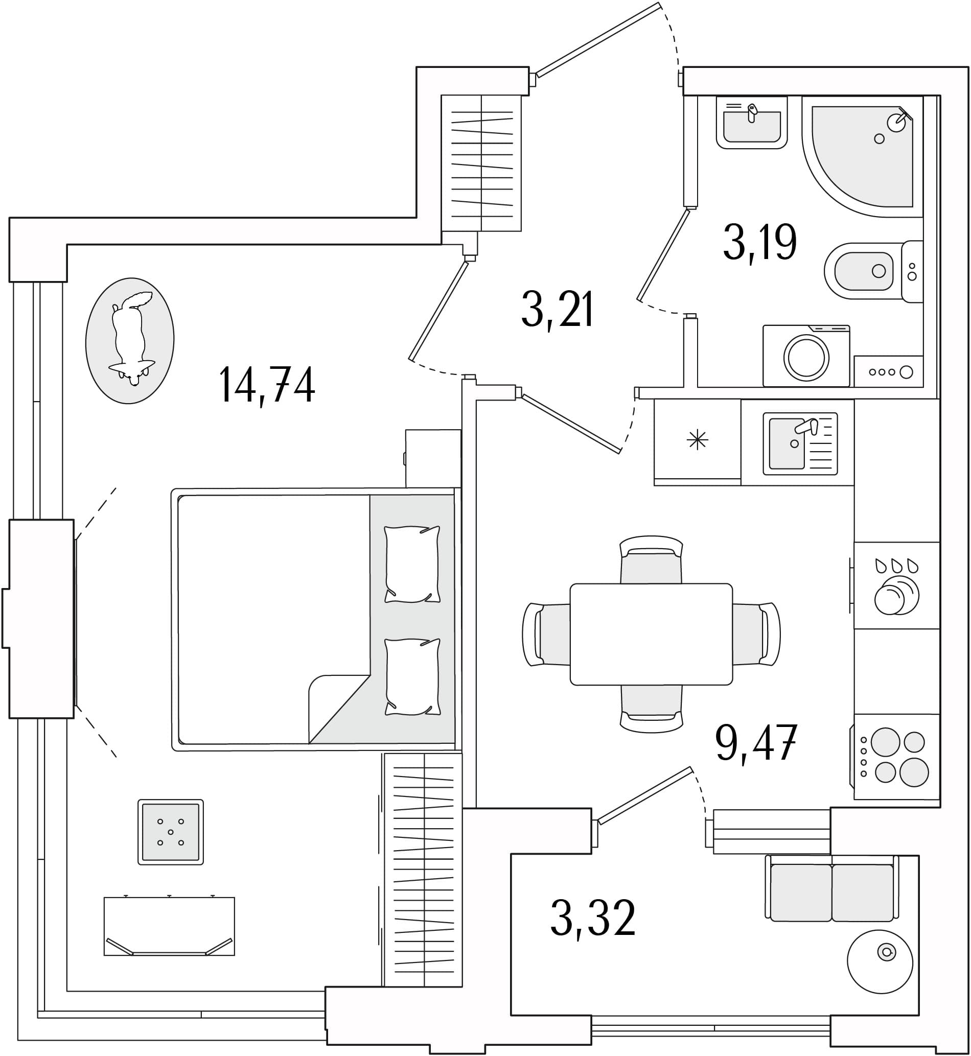 Планировка: 1-комнатная квартира 30,6 м² в ЖК «Гранат»