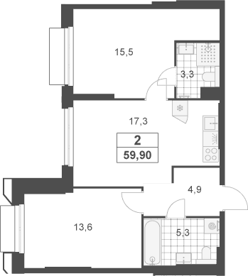 Планировка: Евротрёшка 59,9 м² в ЖК «Южные сады»