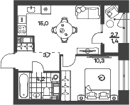 Планировка: Евродвушка 33,1 м² в ЖК «Новый Питер»