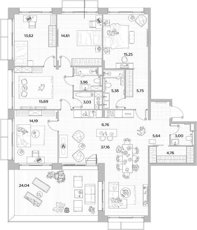 Планировка: 5-комнатная квартира 148,8 м² в ЖК «МЫС»