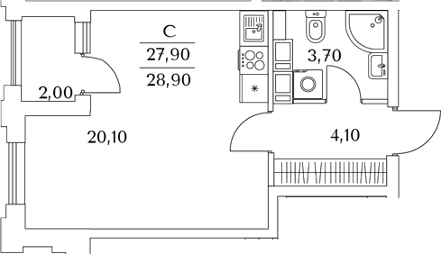 Планировка: Студия 27,8 м² в ЖК «Тайм Сквер»