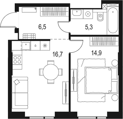 Планировка: Евродвушка 43,4 м² в ЖК «Левел Войковская»