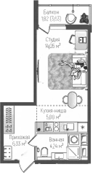 Планировка: Студия 29,6 м² в ЖК «Рига Хиллс»