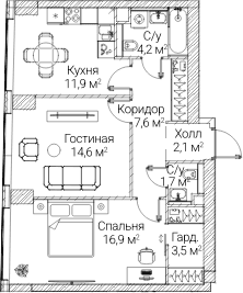 Планировка: 2-комнатная квартира 61,9 м² в ЖК «СЕЗАР БУДУЩЕЕ»