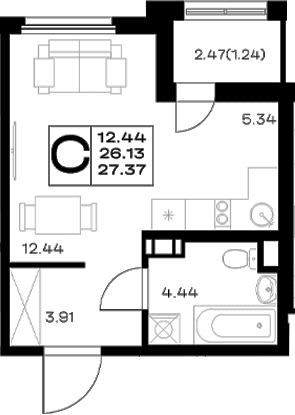 Планировка: Студия 26,1 м² в ЖК «Борский»