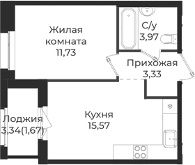 Планировка: Евродвушка 34,6 м² в ЖК «Новатория»