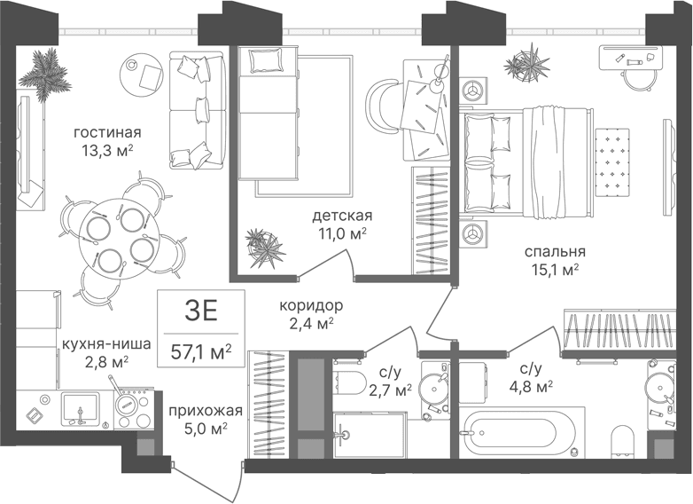 Планировка: Евротрёшка 57,1 м² в ЖК «Михалковский»
