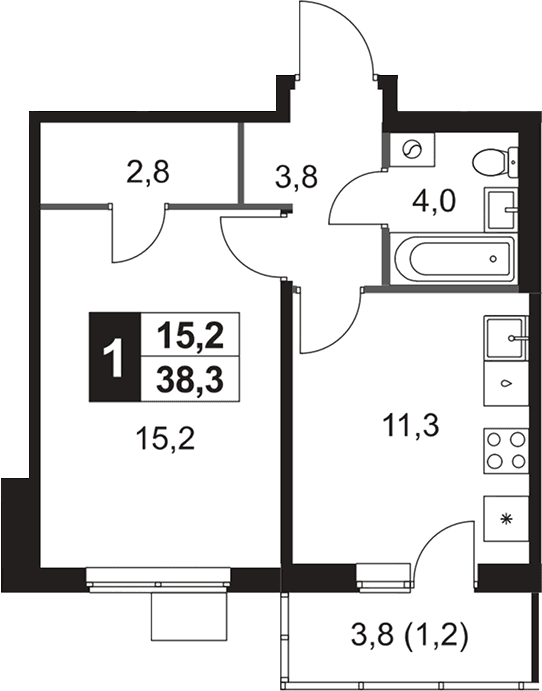 Планировка: 1-комнатная квартира 37,1 м² в ЖК «1-й Ясеневский»