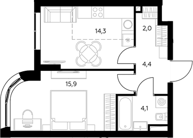 Планировка: 1-комнатная квартира 40,7 м² в ЖК «Адмирал»