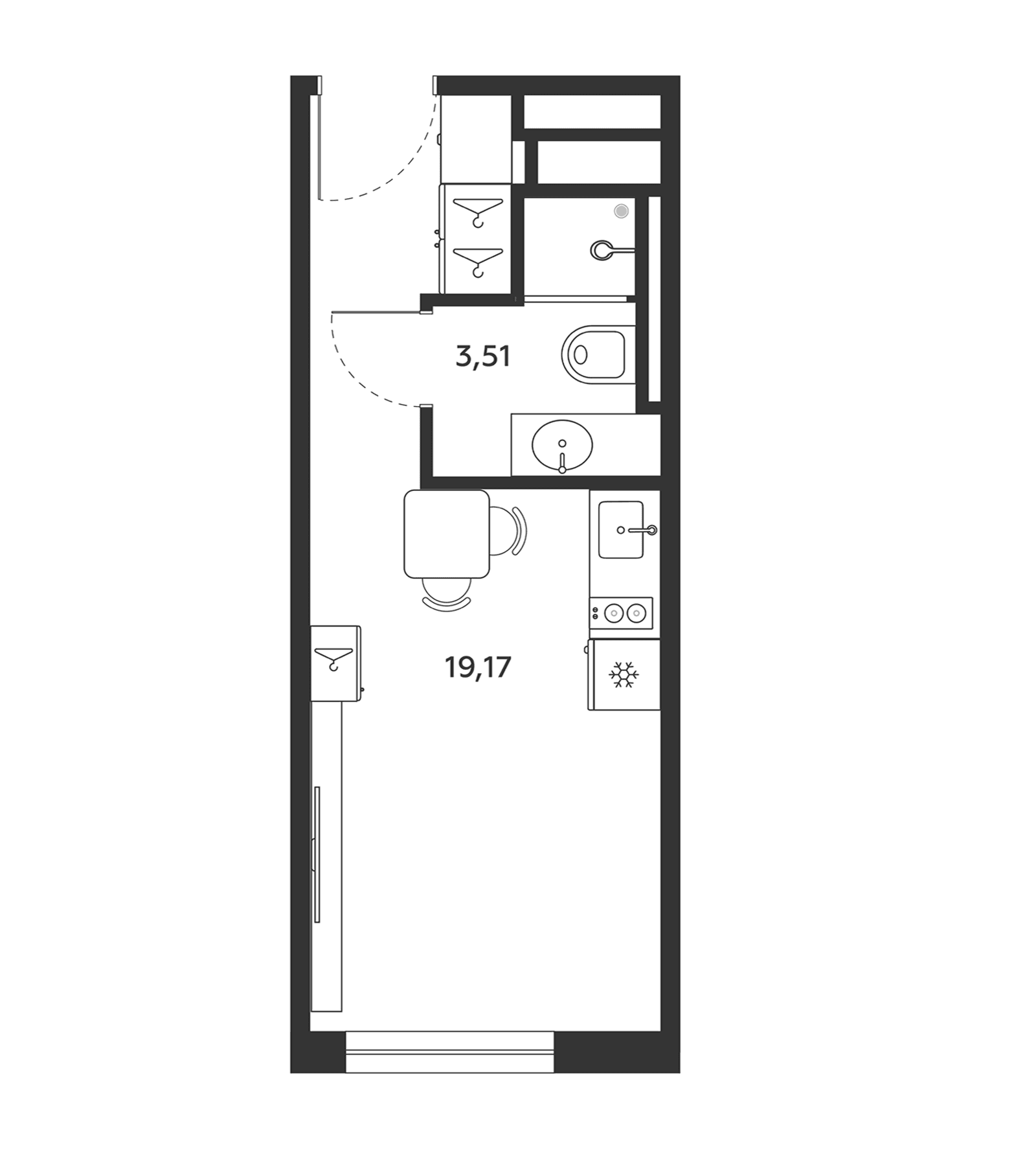 Планировка: Студия 22,7 м² в ЖК «МФК SAAN»