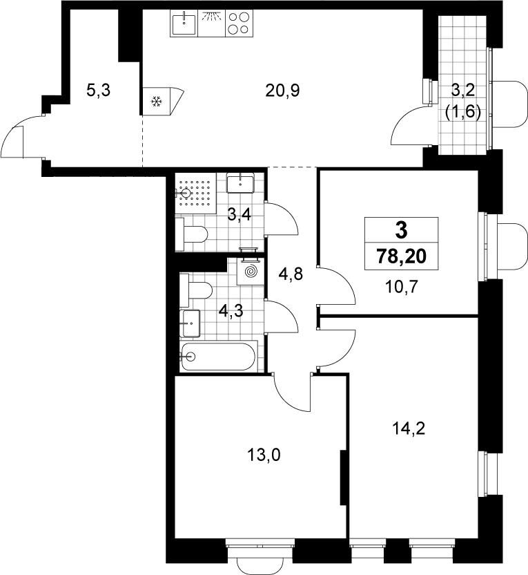 Планировка: Квартира евро-4 76,6 м² в ЖК «Прокшино»