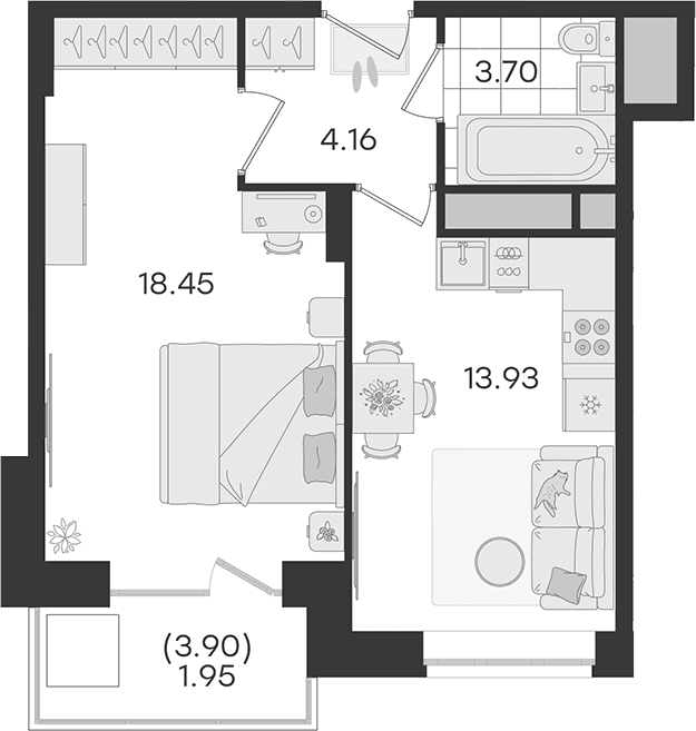 Планировка: 1-комнатная квартира 40,2 м² в ЖК «Новый Весенний»