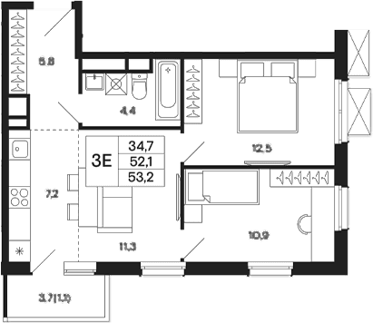 Планировка: Евротрёшка 52,1 м² в ЖК «Базаева 11»