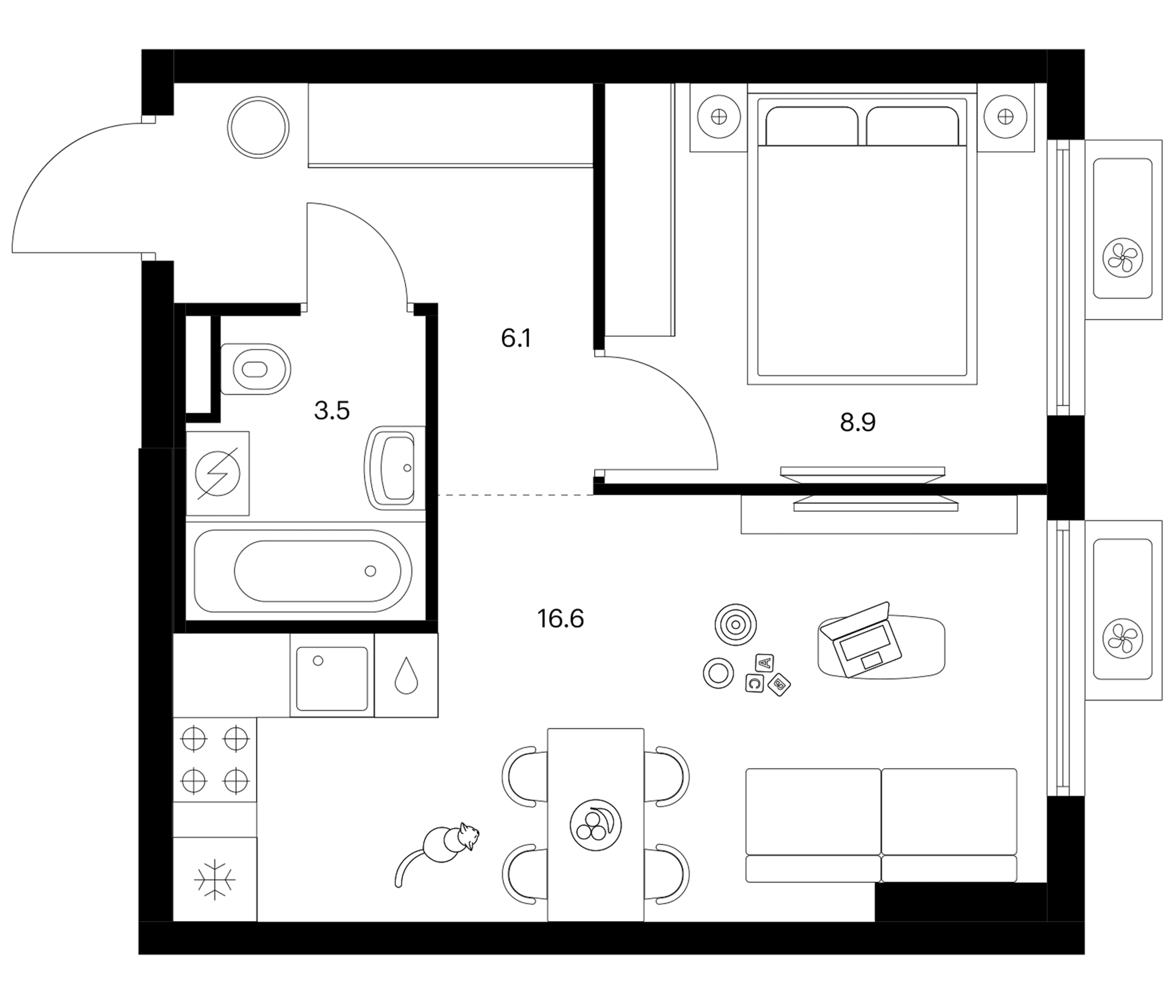 Планировка: 1-комнатная квартира 35,1 м² в ЖК «Белая Дача парк»