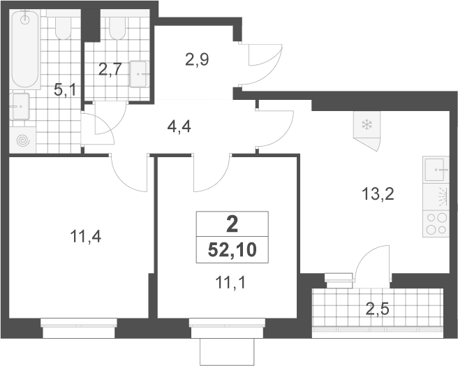 Планировка: 2-комнатная квартира 50,8 м² в ЖК «Деснаречье»