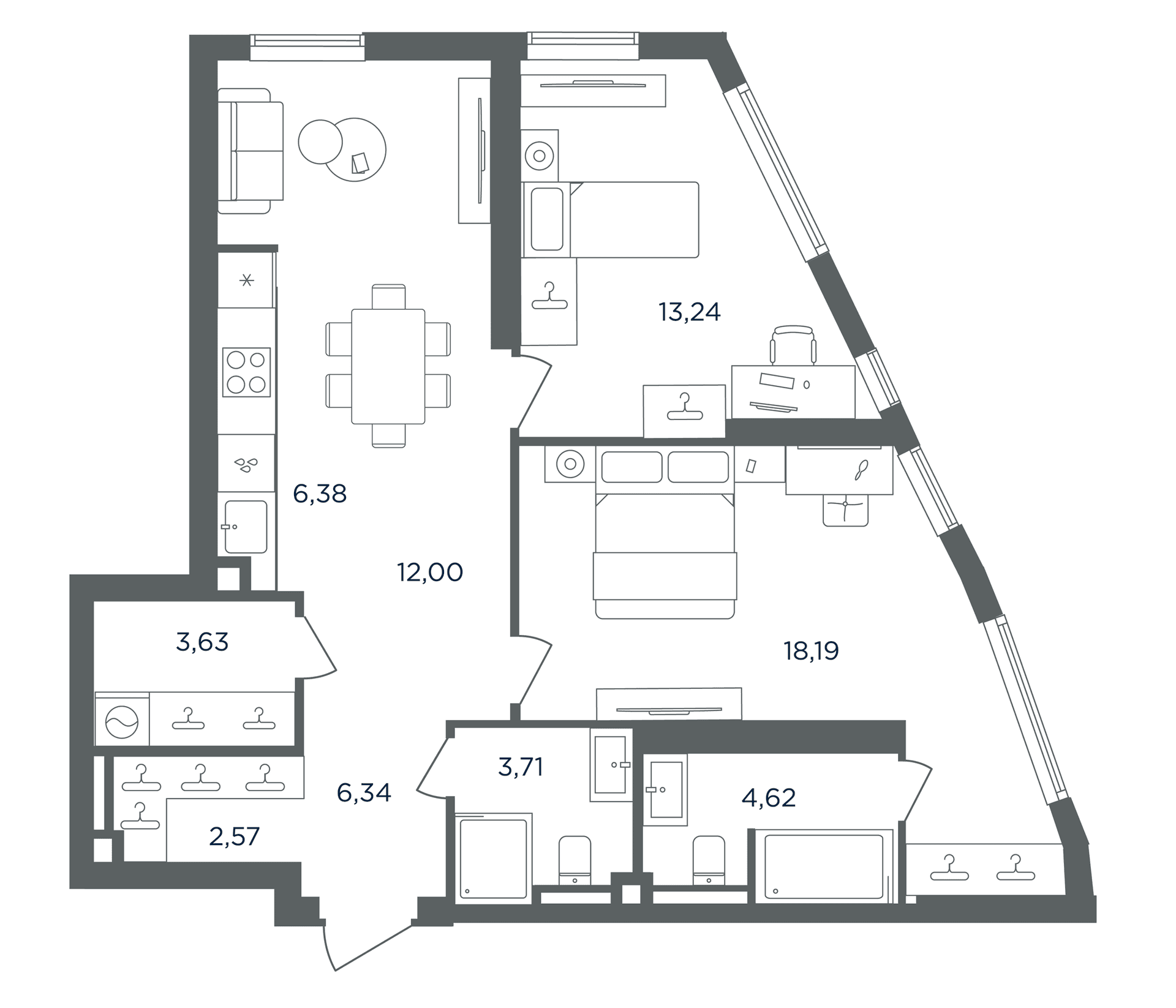 Планировка: Евротрёшка 70,7 м² в ЖК «Сикрет Гарден»
