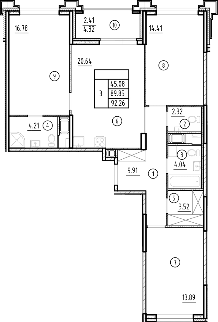 Планировка: Квартира евро-4 89,9 м² в ЖК «Ассамблея»