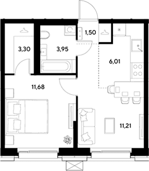 Планировка: Евродвушка 37,7 м² в ЖК «ЭВО»