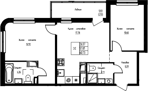 Планировка: Евротрёшка 57,8 м² в ЖК «Кронунг-Янино»