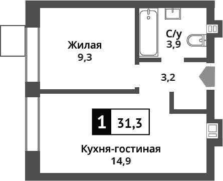 Планировка: Евродвушка 31,3 м² в ЖК «Никольский квартал Отрада»