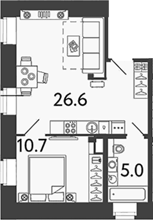 Планировка: Евродвушка 42,3 м² в ЖК «Типография»